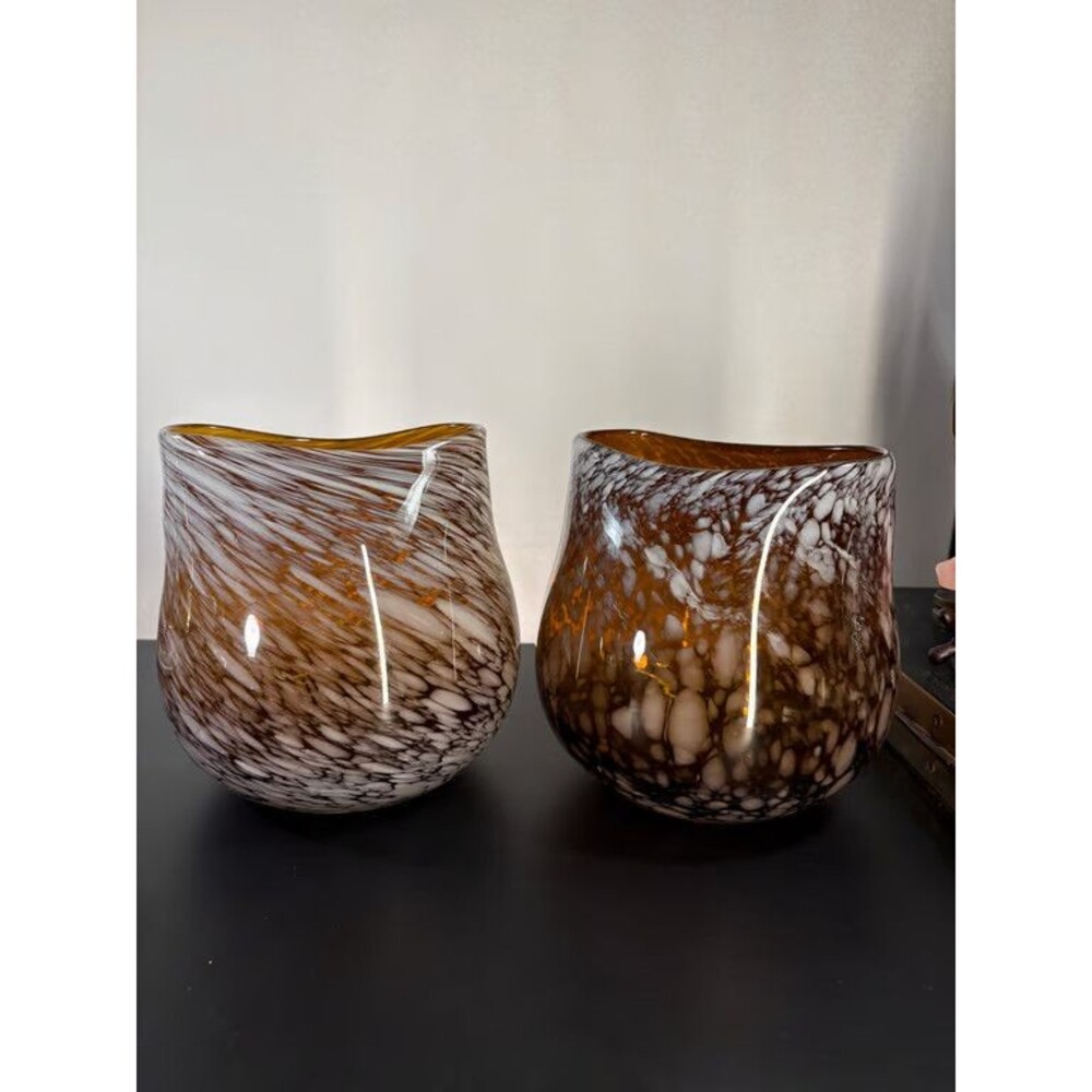 Hand Blown Art Glass Vases Pair Amber White Spatter Saddle Rim Heavy 8 in